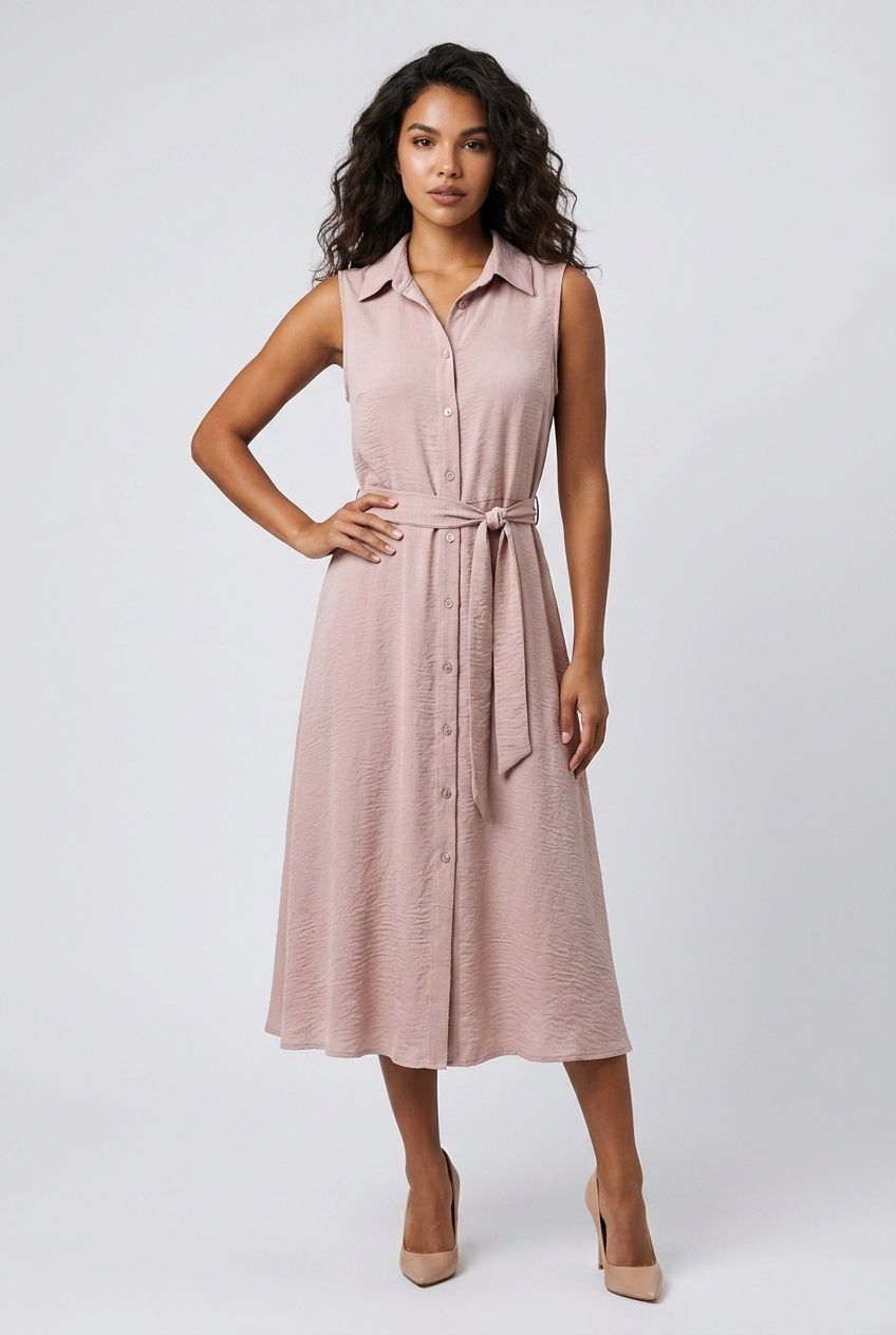 8667000 Button down collared midi dress w/tie at waist