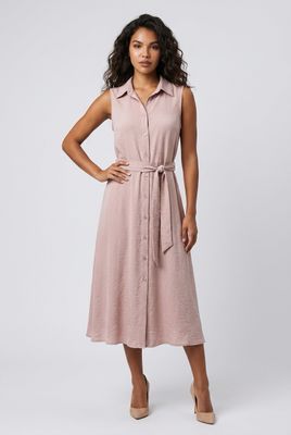 8667000 Button down collared midi dress w/tie at waist