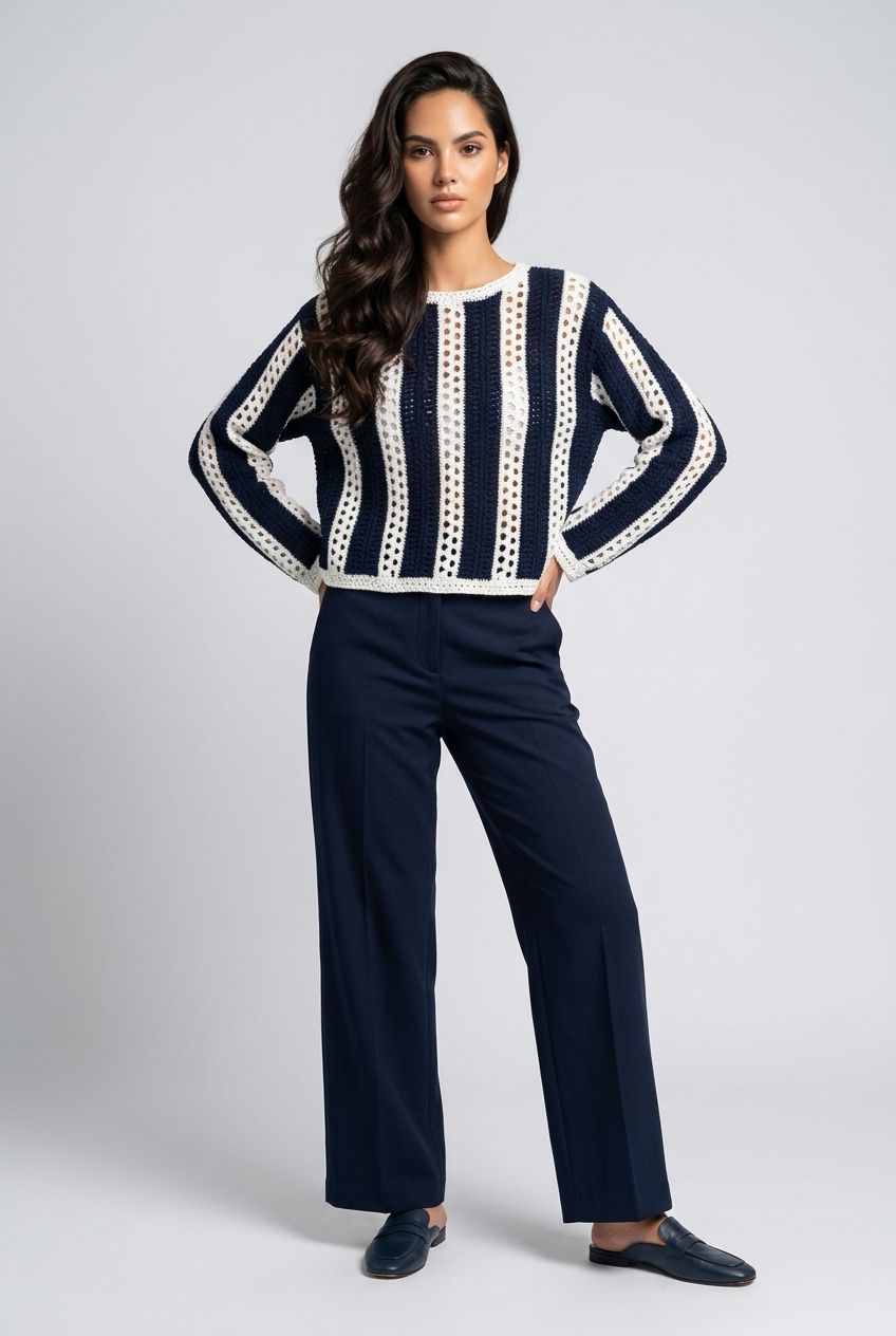 57S208S Long sleeve crew neck pull-over stripe sweater