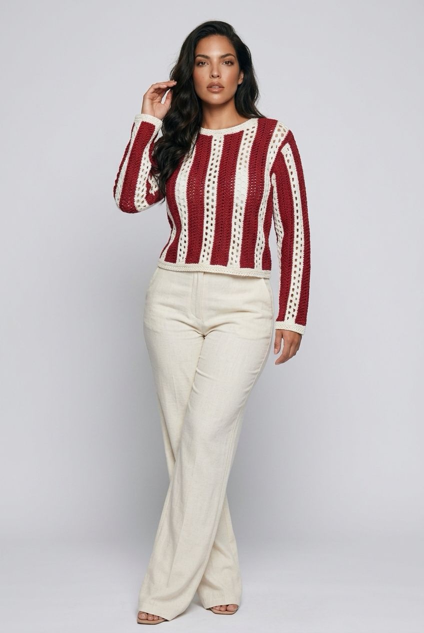 57S208S Long sleeve crew neck pull-over stripe sweater