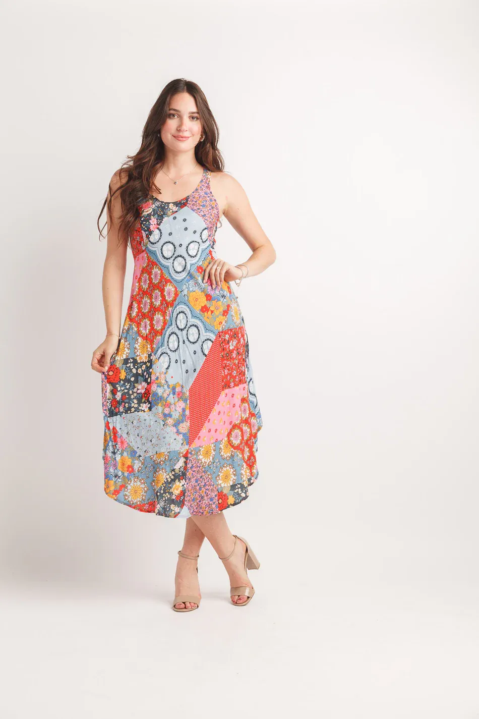 PD-20590 Patchwork sleeveless maxi dress w/pockets