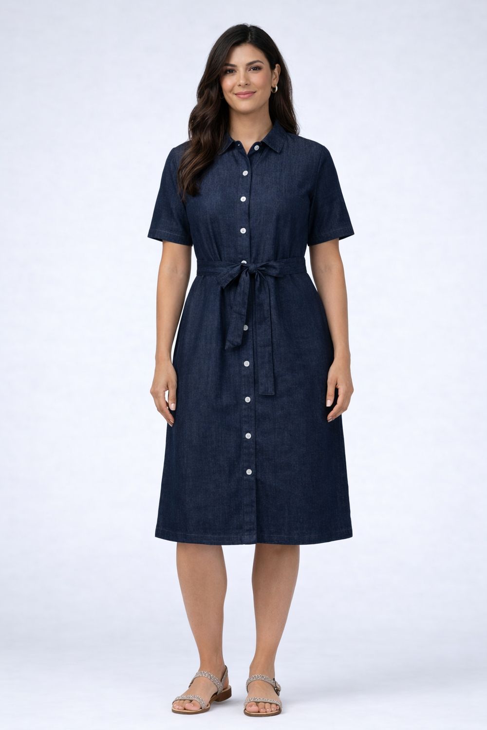 29296970  Short sleeve button down stretch jean dress w/belt