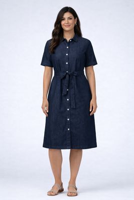 29296970  Short sleeve button down stretch jean dress w/belt