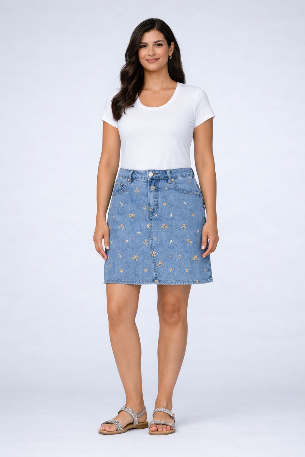 2982702200 Sunflower print denim jean skirt