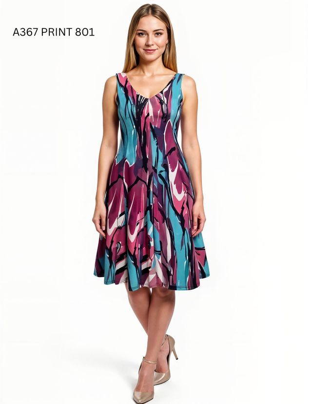 A367 sleeveless v-neck print dress w/pleats