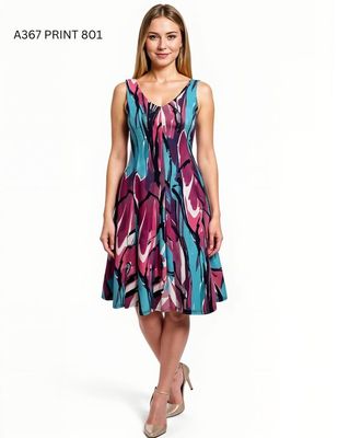 A367 sleeveless v-neck print dress w/pleats