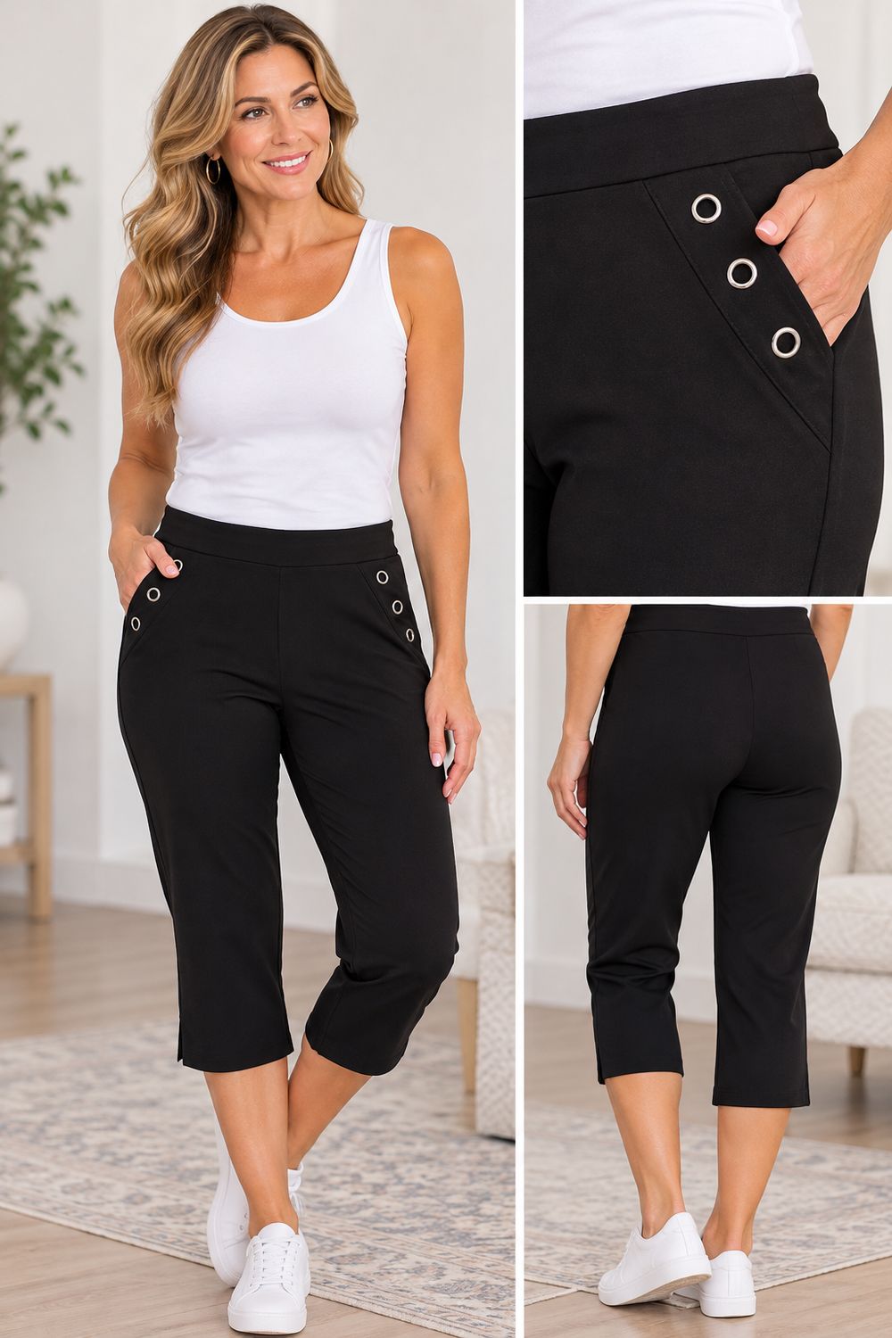 black Pull on stretch capri with grommet detail on the front pockets