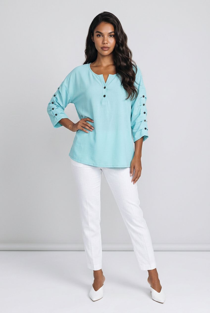 AM659  Ladies 3/4 sleeve blouse w/button detail on arm