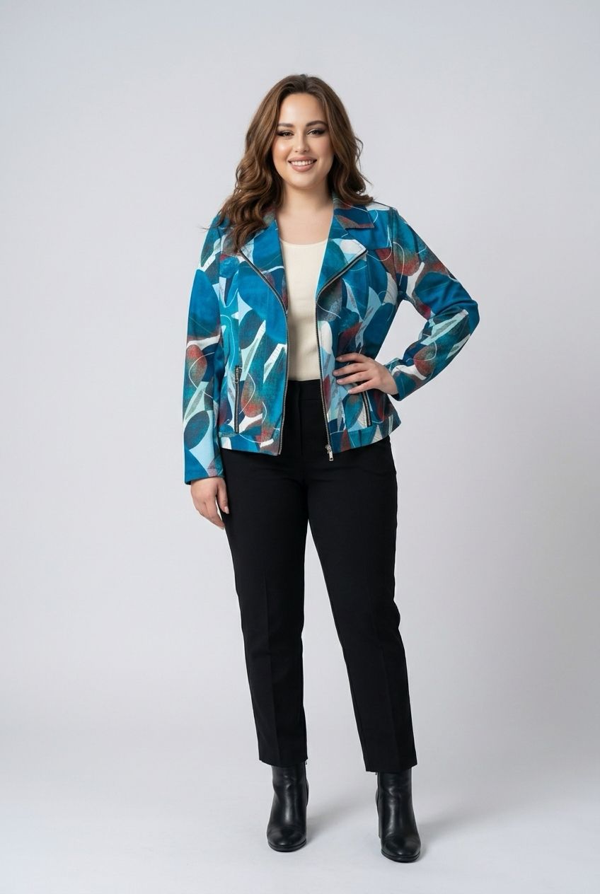 NL-61802 Printed stretch blazer/jacket with faux zippers