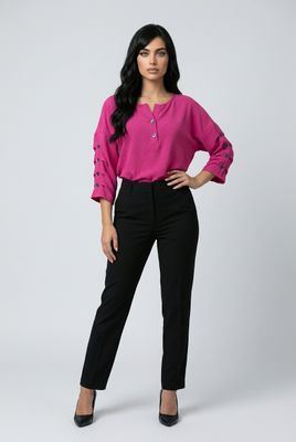 AM659  Ladies 3/4 sleeve blouse w/button detail on arm