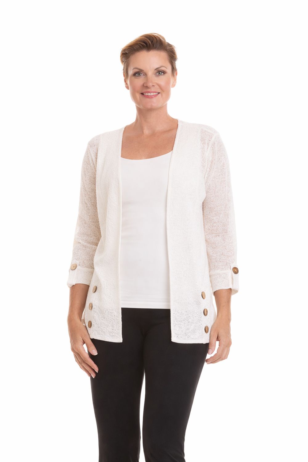 NL-84332 Mesh open cardigan cover up with button detail