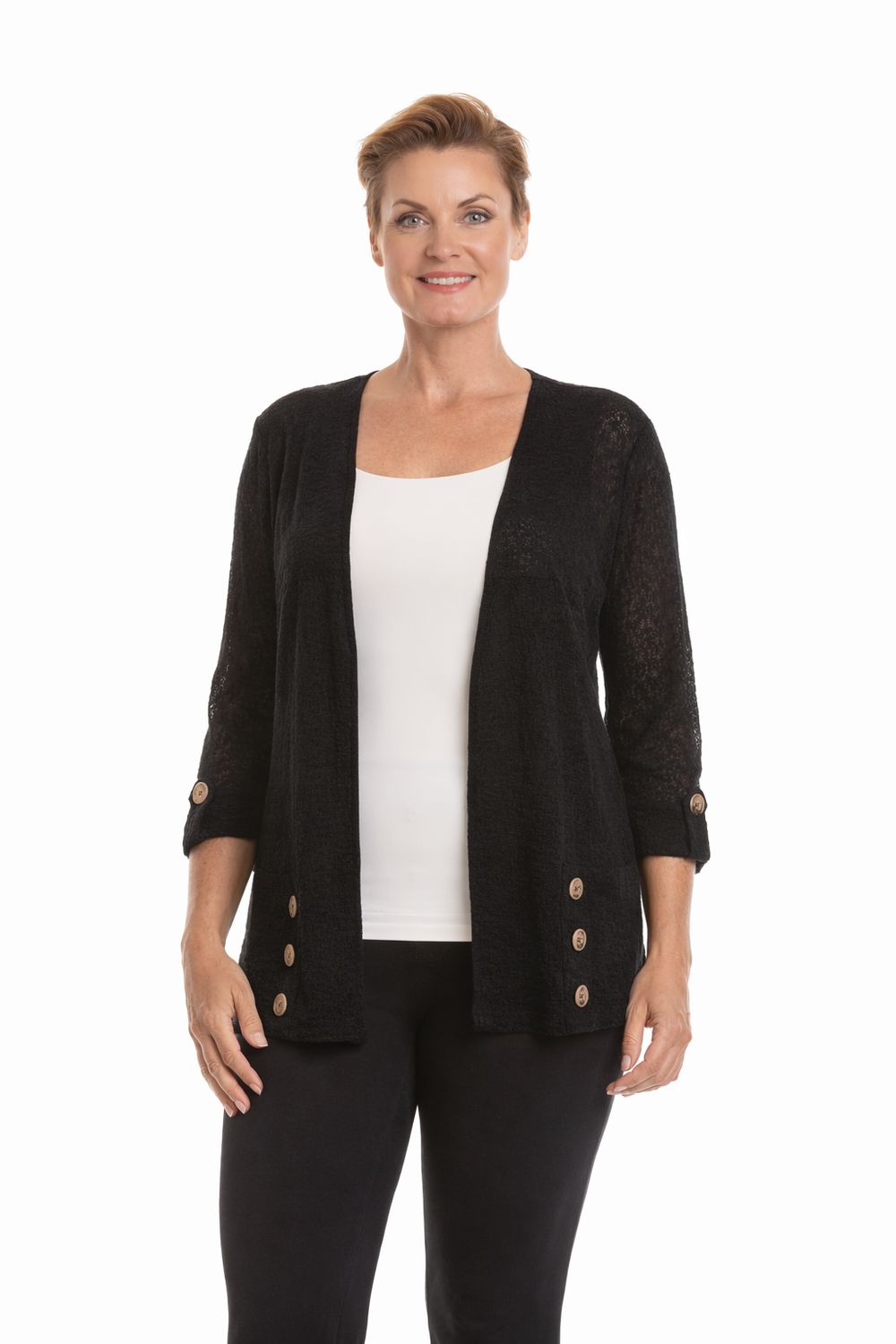 NL-84332 Mesh open cardigan cover up with button detail