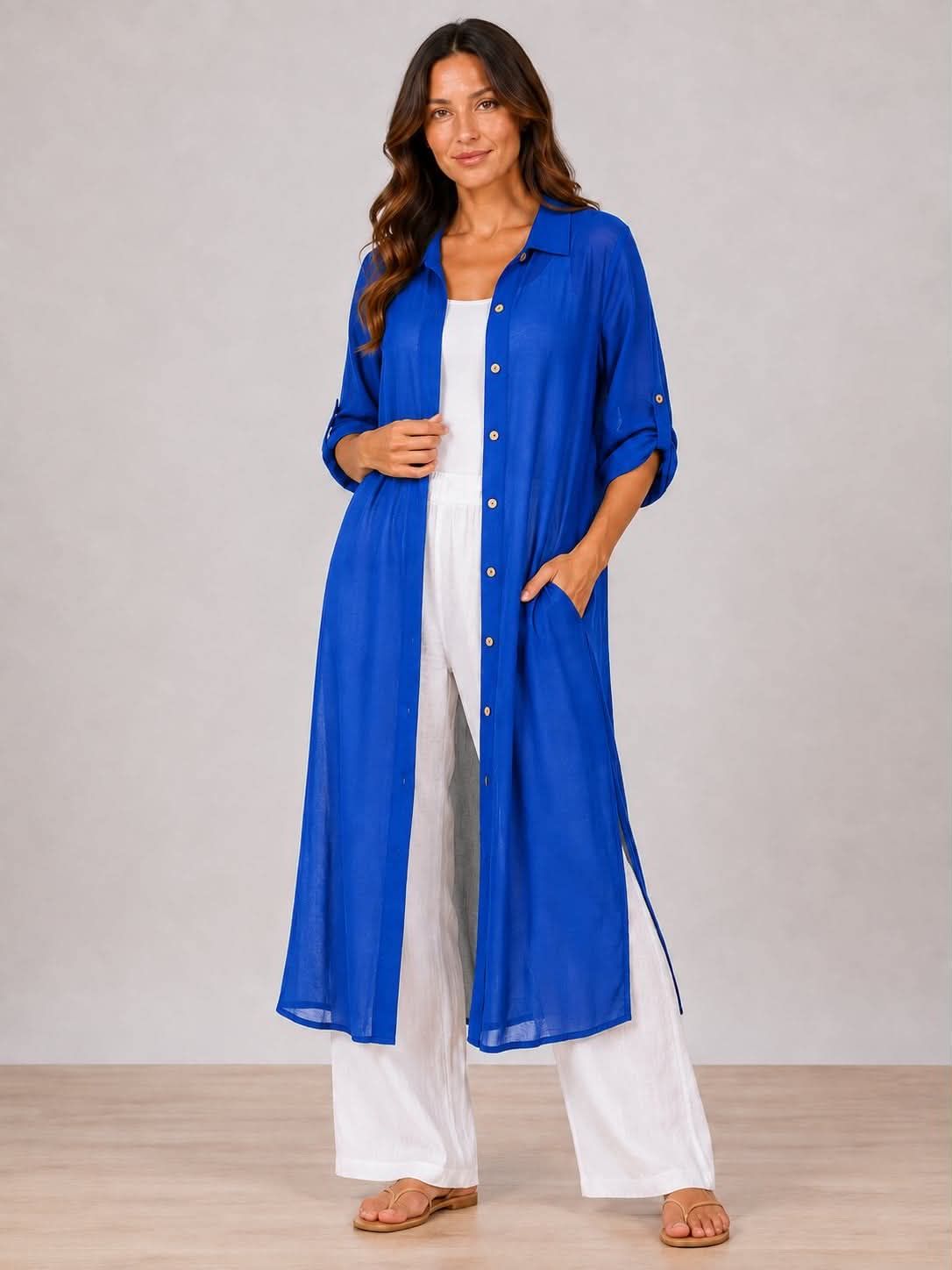 G613  Sheer button down long cover up shirt w/adjustable sleeve