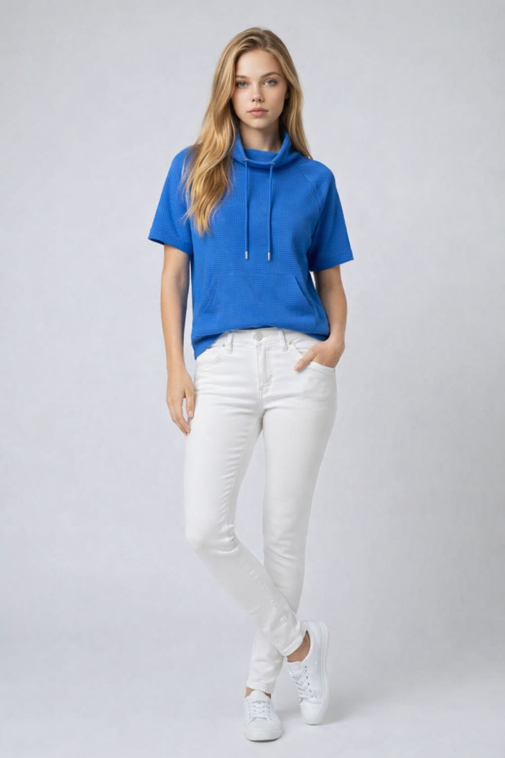 NL-84213 Loose neck short sleeve waffle shirt w/kangaroo pocket