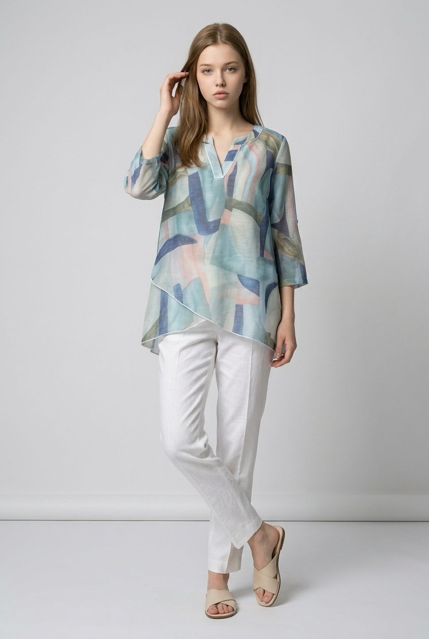 G607 Ladies printed v neck adjustable 3/4 sleeve blouse