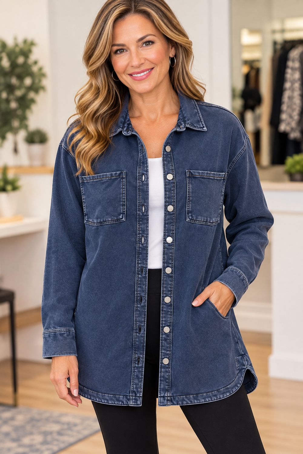 57FD012SO Denim look soft shirt dress with pockets