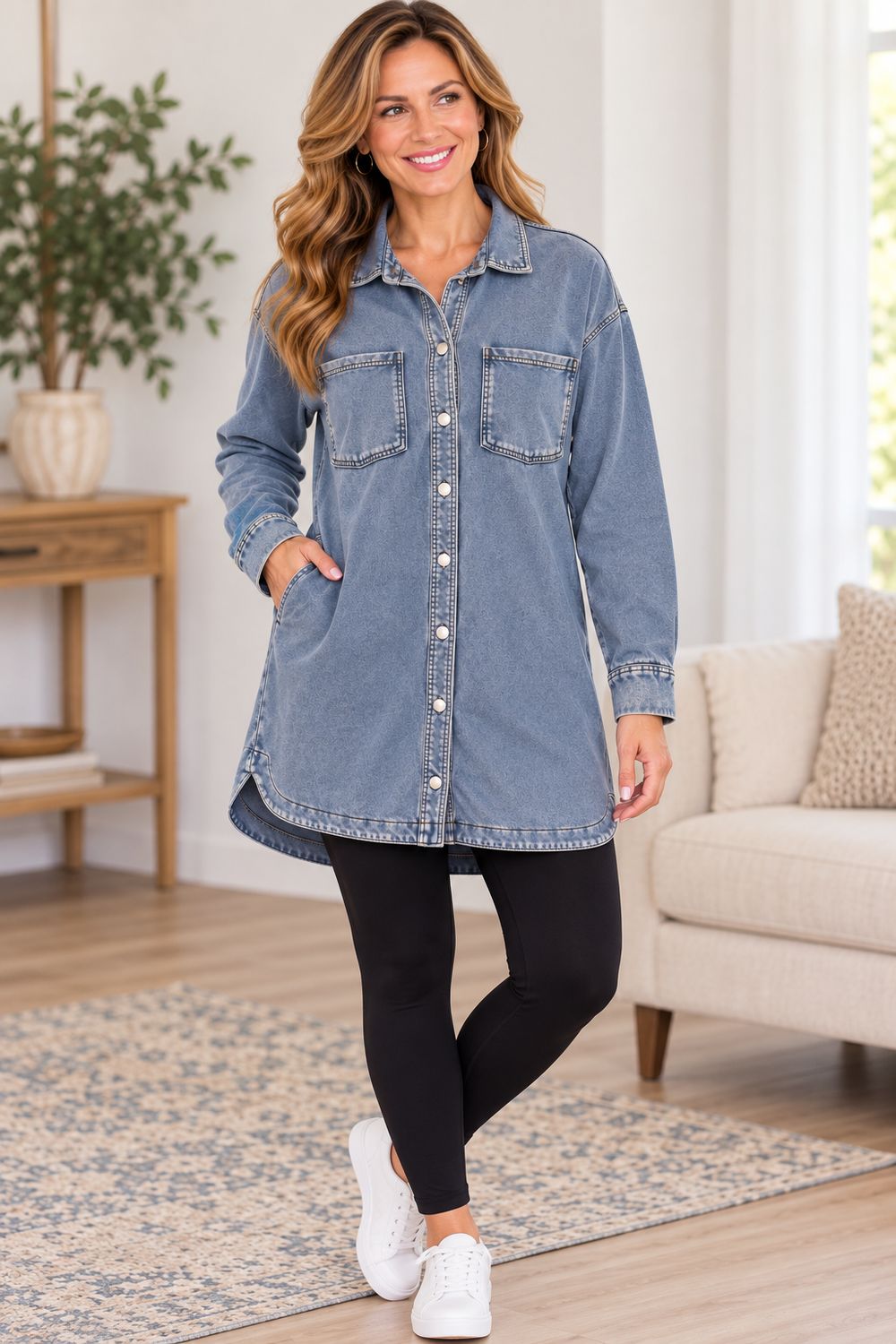 57FD012SO Denim look soft shirt dress with pockets
