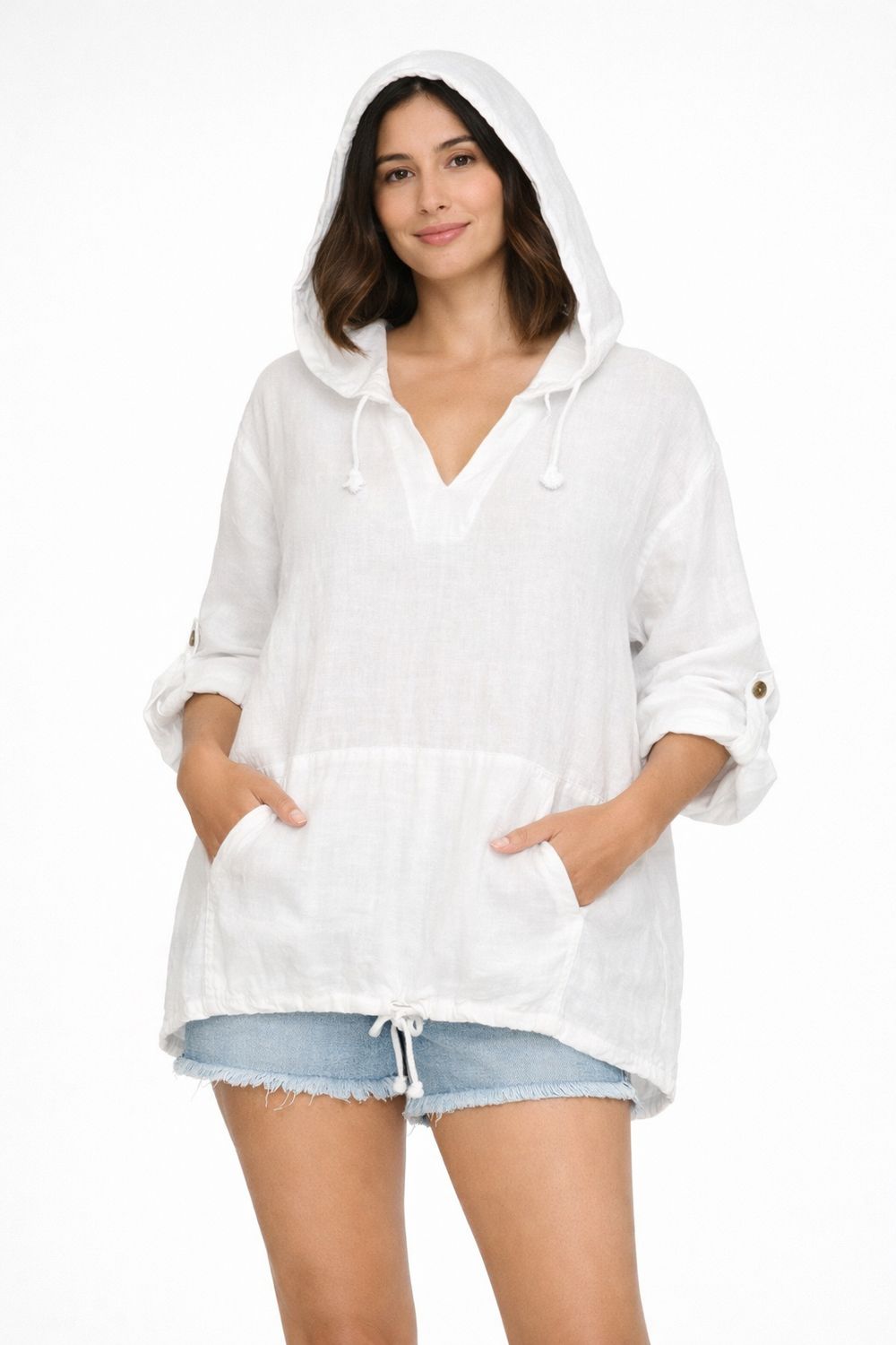 C6526 100 % Linen kangaroo hoodiew/adjustale sleeve and draw string
