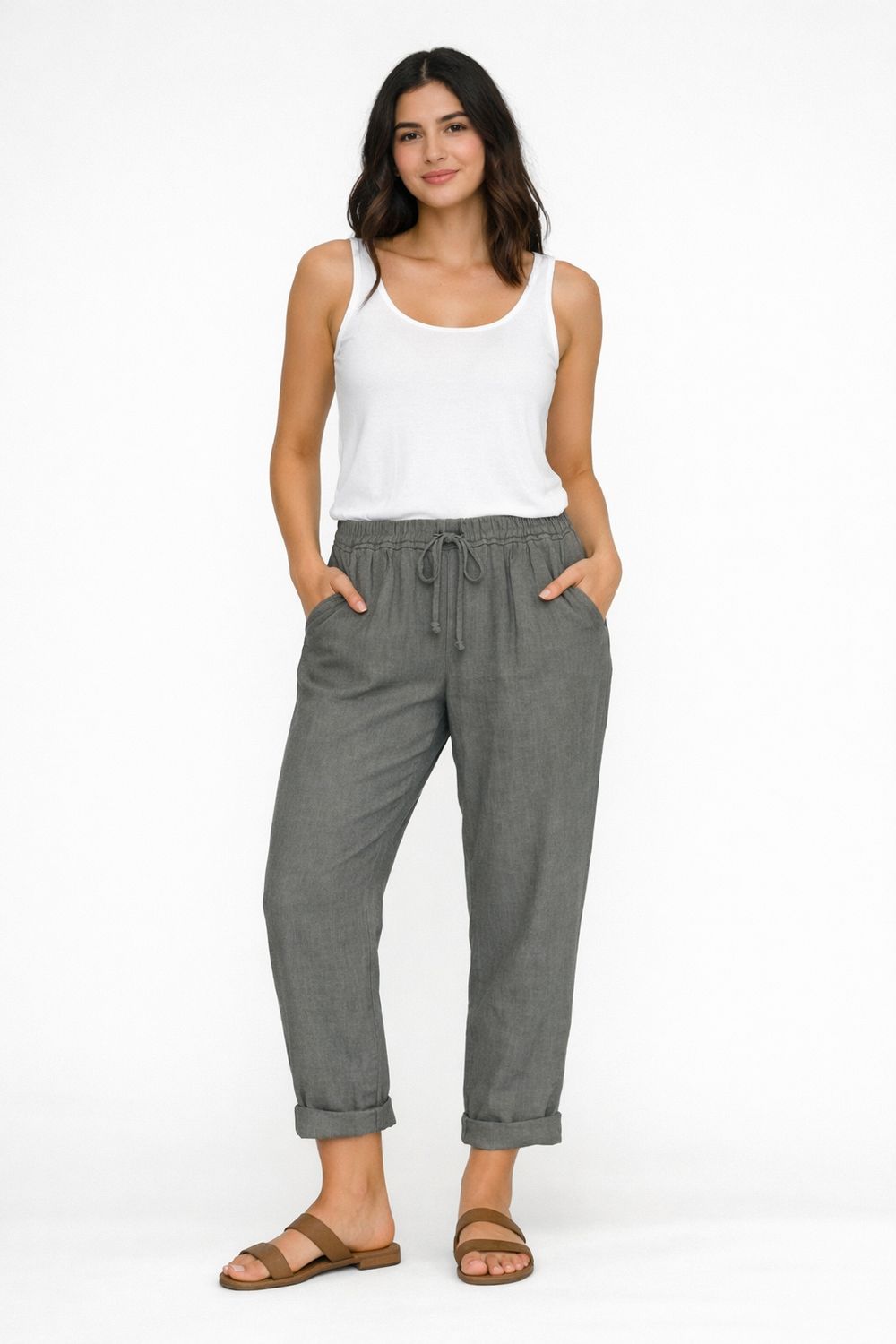 C6522 100% Linen ankle length pant with drawstring and pockets