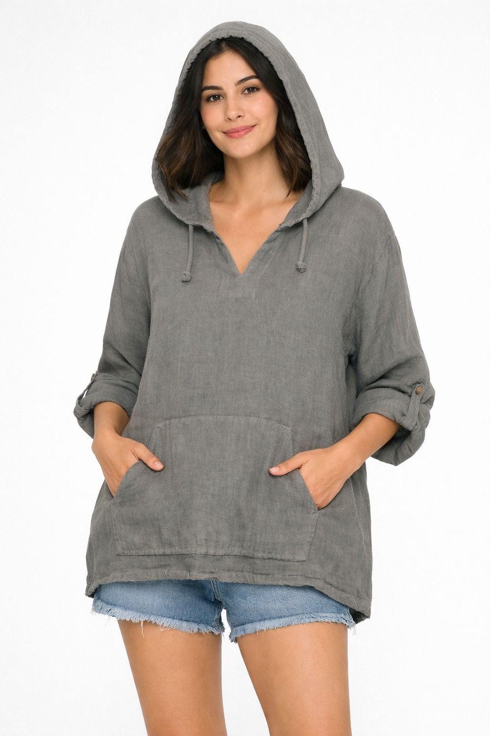 C6526 100 % Linen kangaroo hoodiew/adjustale sleeve and draw string