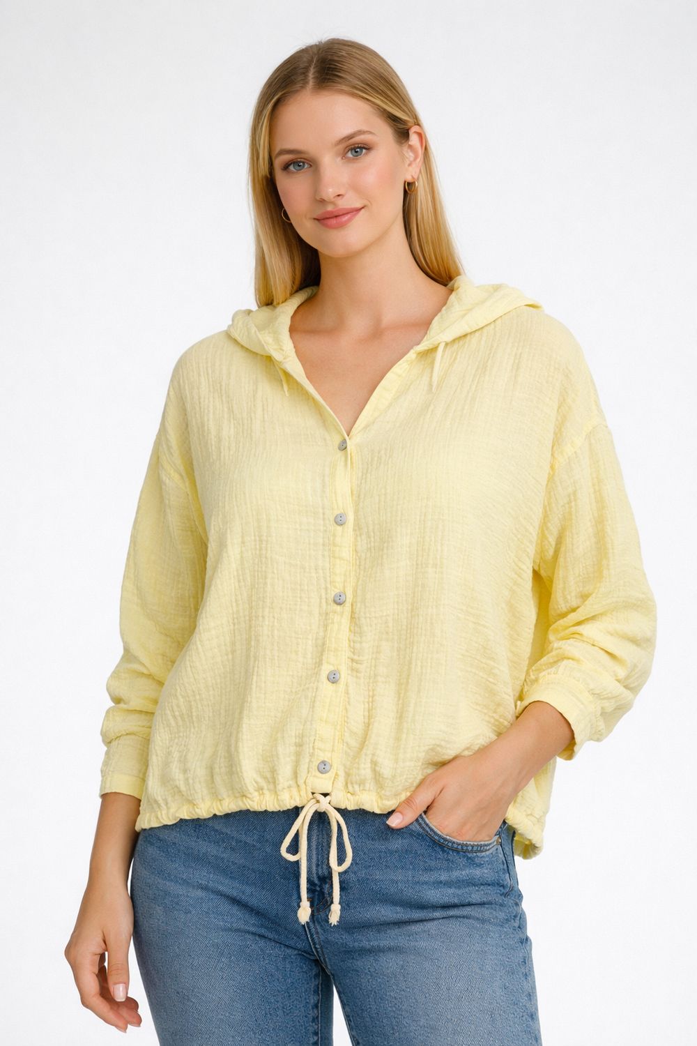 C6411 Hooded top with adjustable 3/4 sleeve and drawstring 100% cotton