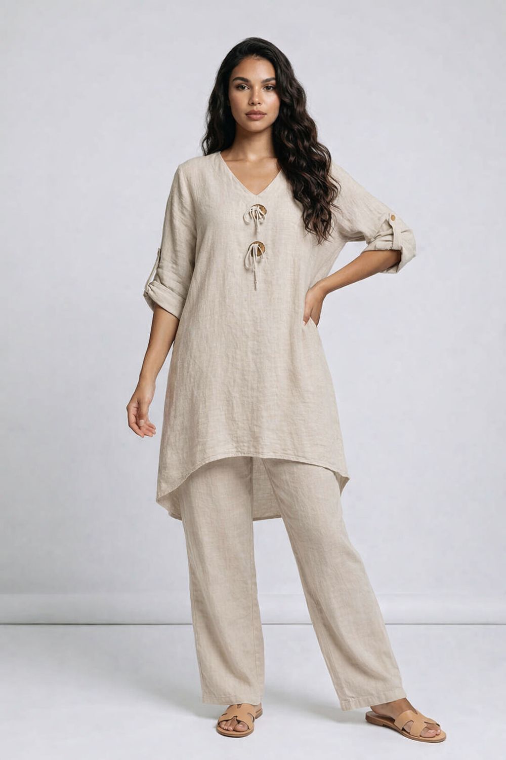 C6534 High low flair cover up top with adjustable 3/4 sleeve and 100% Linen