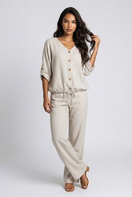 C6525 Adjustable sleeve 100% Linen top w/buttons and drawstring
