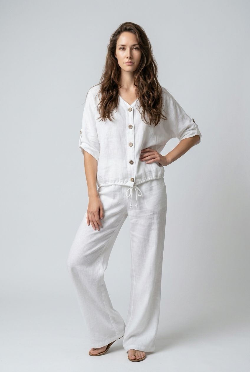 C6525 Adjustable sleeve 100% Linen top w/buttons and drawstring
