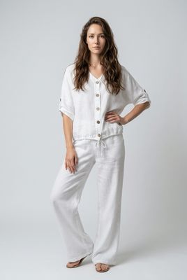 C6525 Adjustable sleeve 100% Linen top w/buttons and drawstring