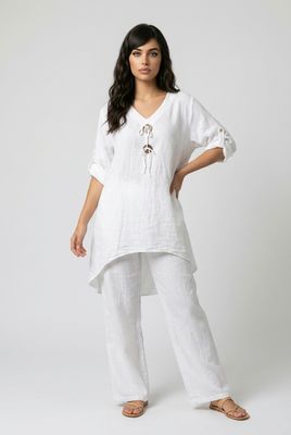 C6534 High low flair cover up top with adjustable 3/4 sleeve and 100% Linen