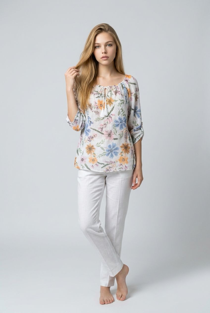 C6498 Printed floral top with adjustable 3/4 sleeves 100% cotton