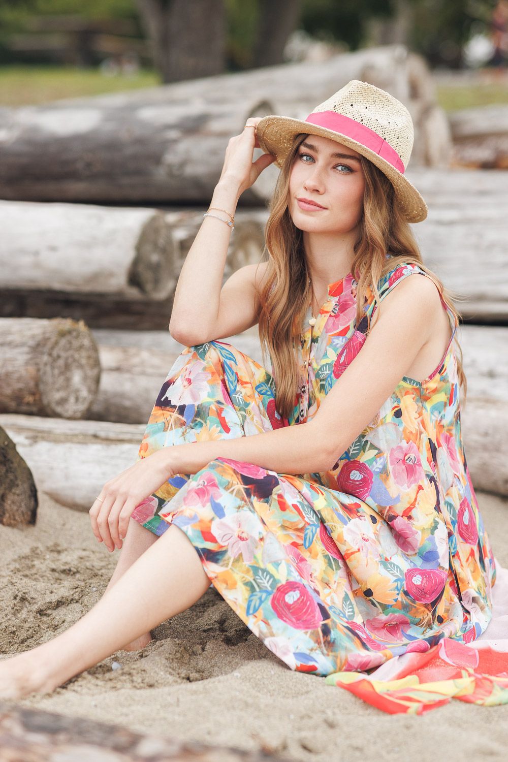 PD-20571 Henley sleeveless floral Aline dress w/pockets