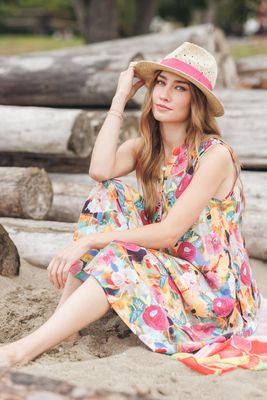 PD-20571 Henley sleeveless floral Aline dress w/pockets