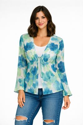 MOQ4028 Sheer tie front printed blouse MOQ4028 Sheer tie front printed blouse
