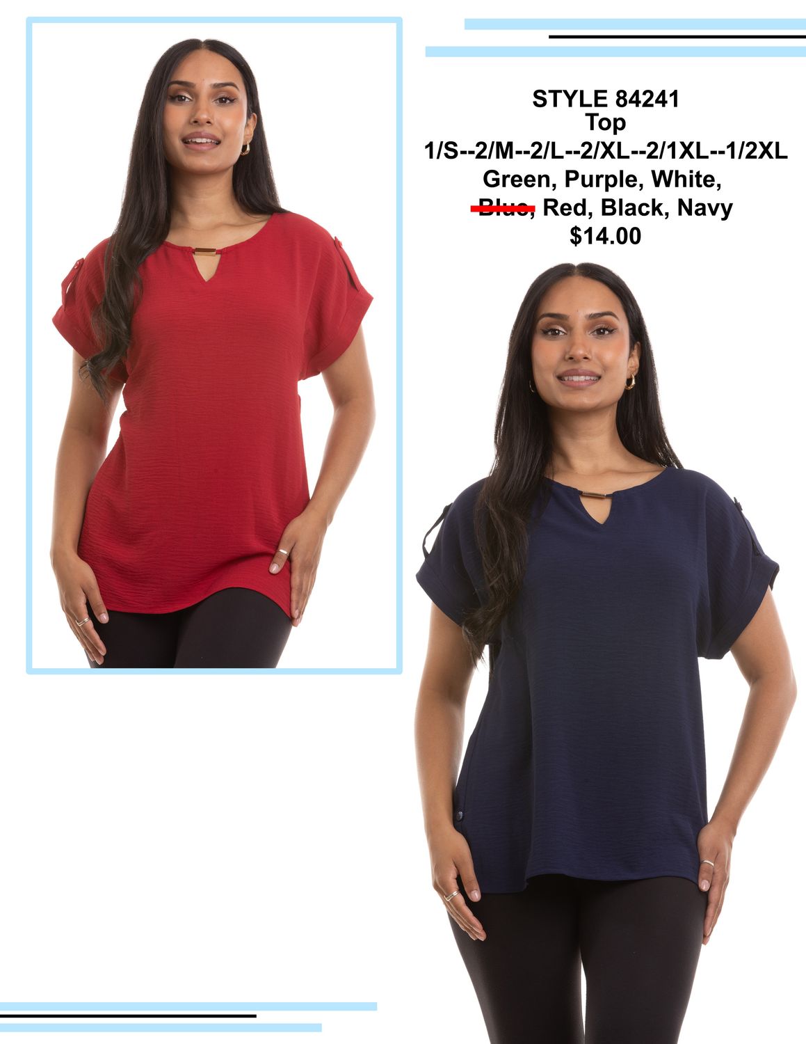 NL-84241 Solid blouse with gold detail on neck and adjustable length bottom