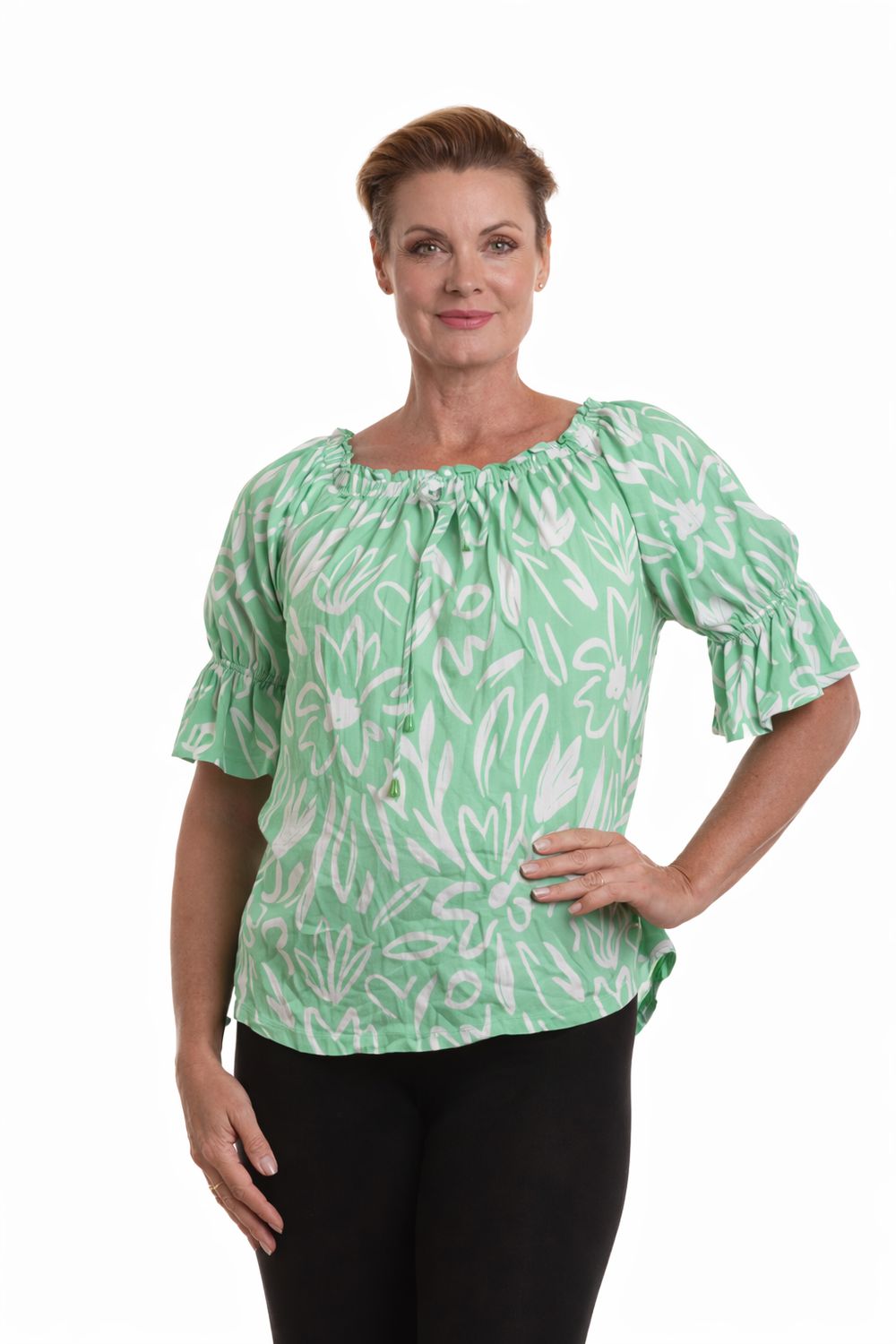52011 Printed peasant top w/frill sleeve