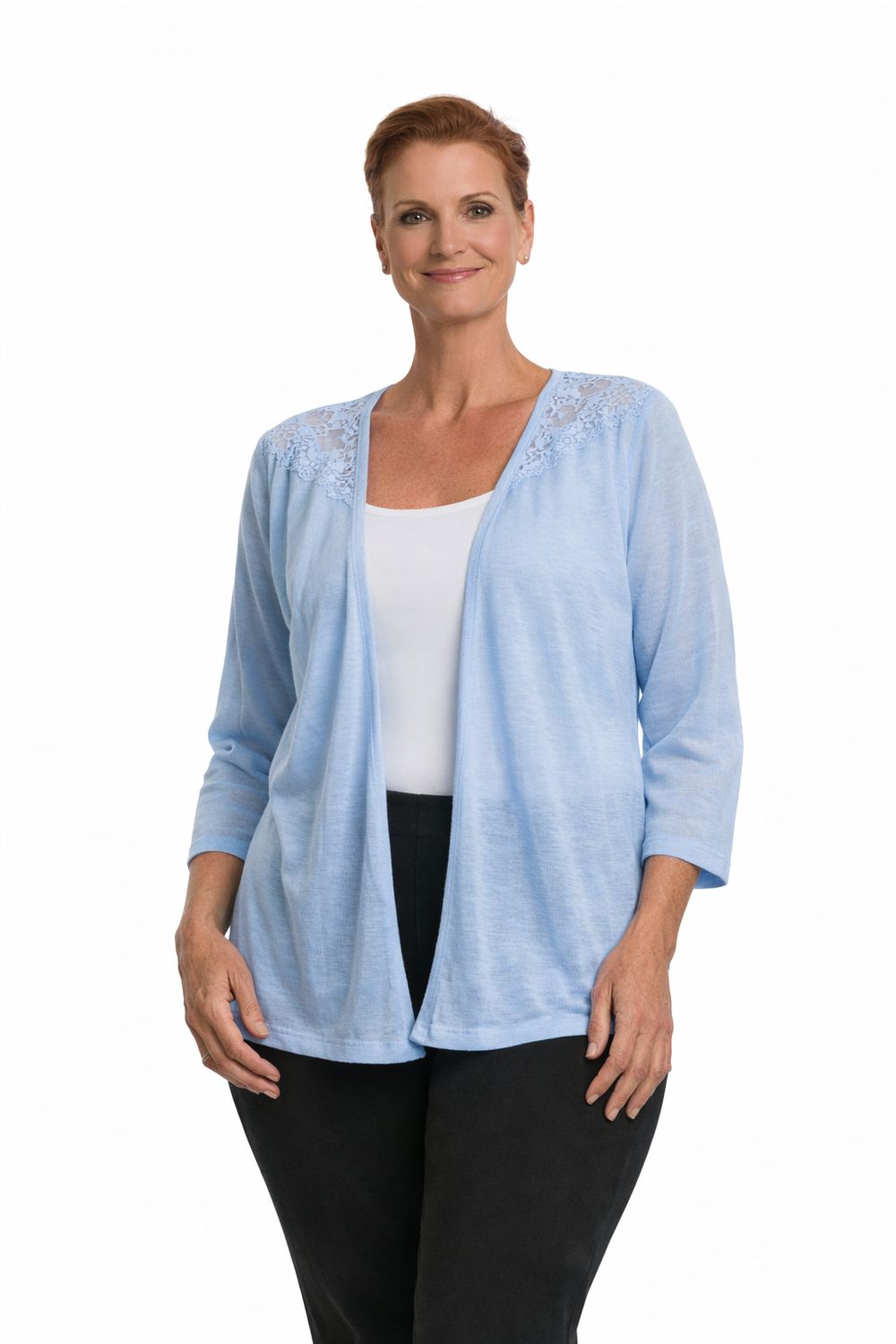 16913 Light weight open cardigan with crochet back