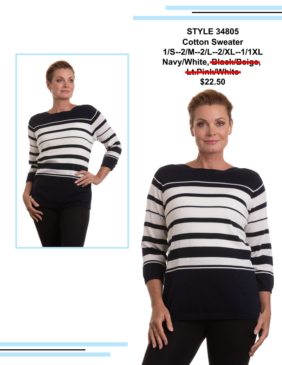 NL-34805 Boat neck striped 3/4 sleeve light sweater