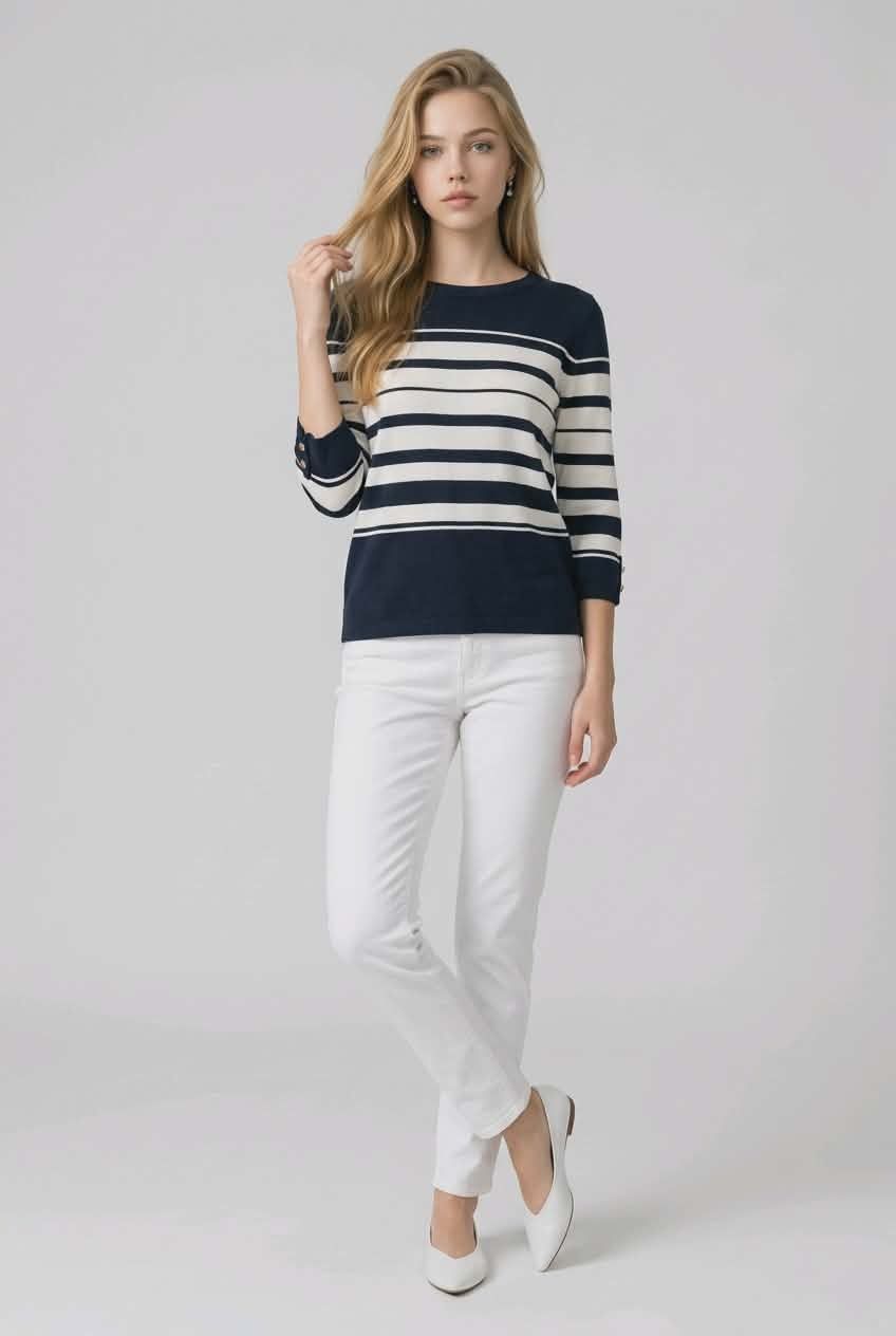 NL-34805 Boat neck striped 3/4 sleeve light sweater
