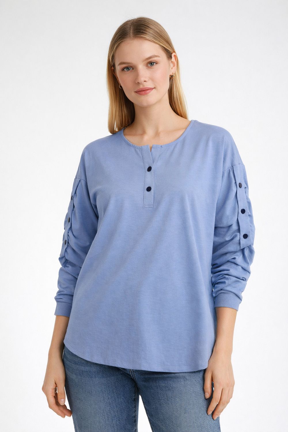 AM659 Aflow button blouse w/button detail on arm