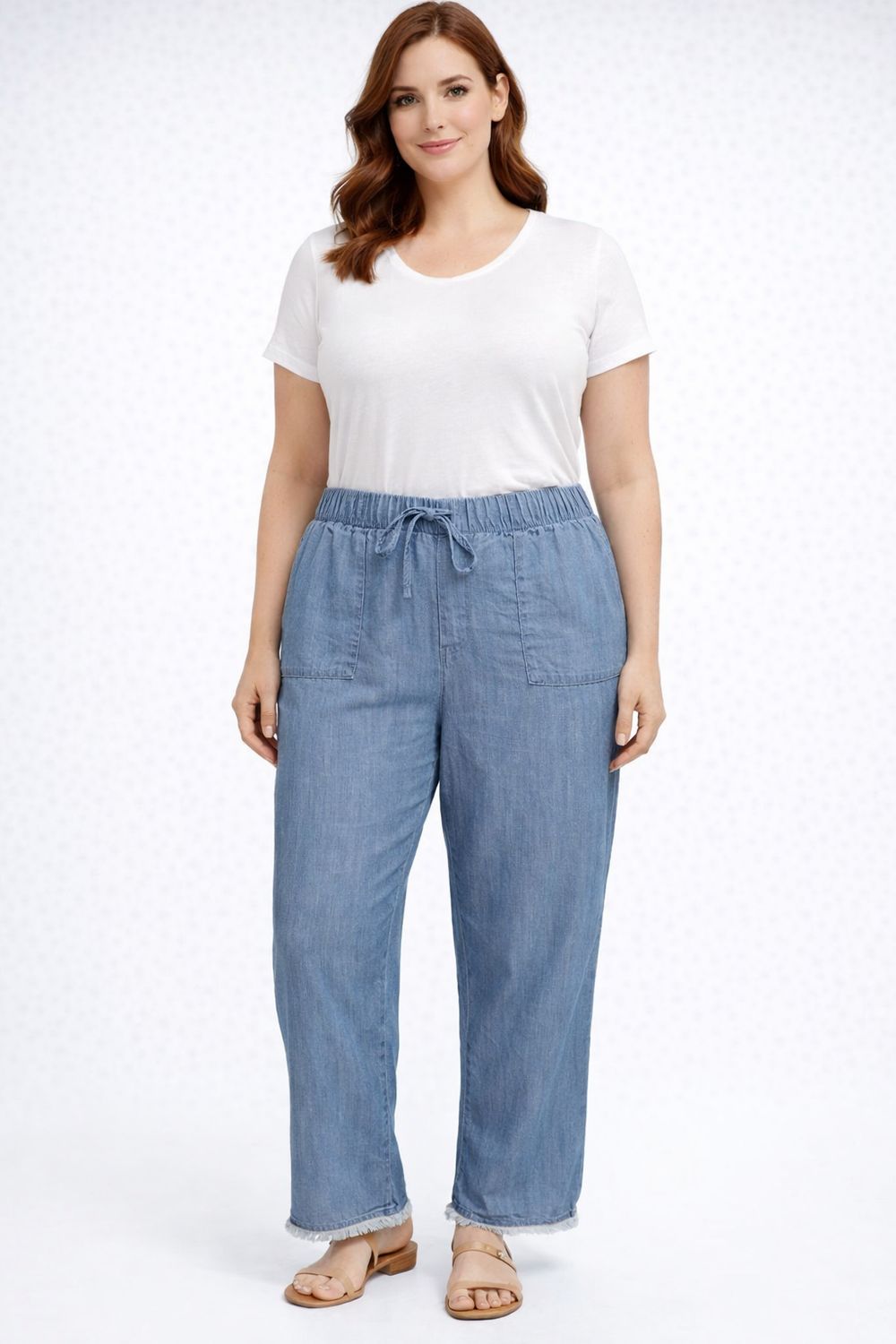 8666007  Light weight crop denim w/ pockets and draw string elastic waist