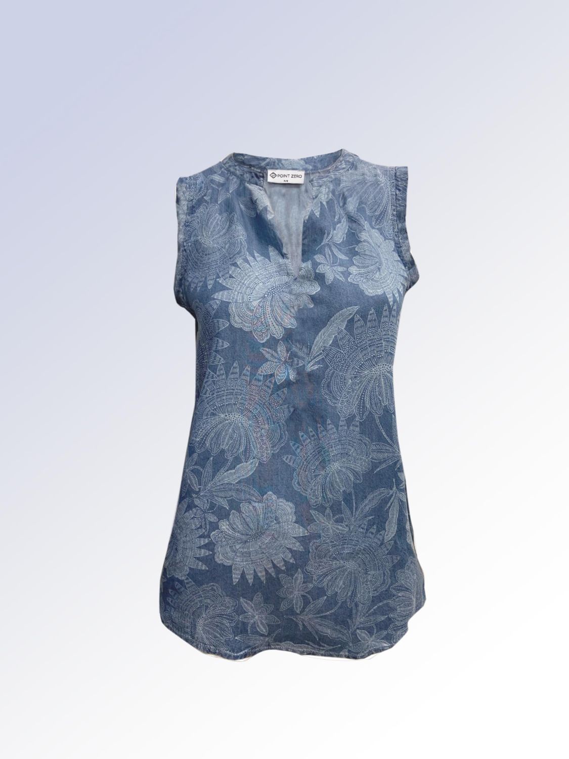 8664041 Floral sleeveless denim blouse