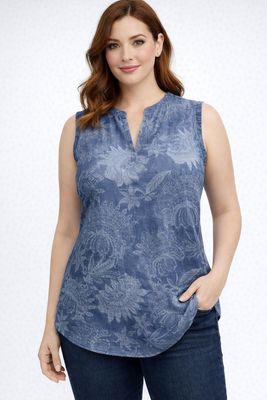8664041 Floral sleeveless denim blouse