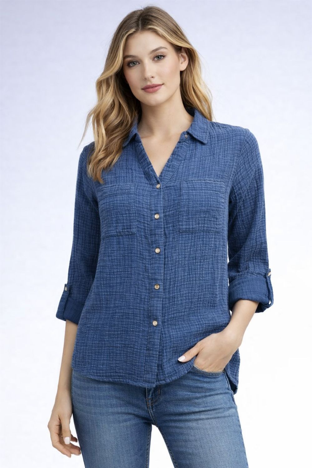 8664015 Button down collared 100% cotton shirt with adjustable sleeves