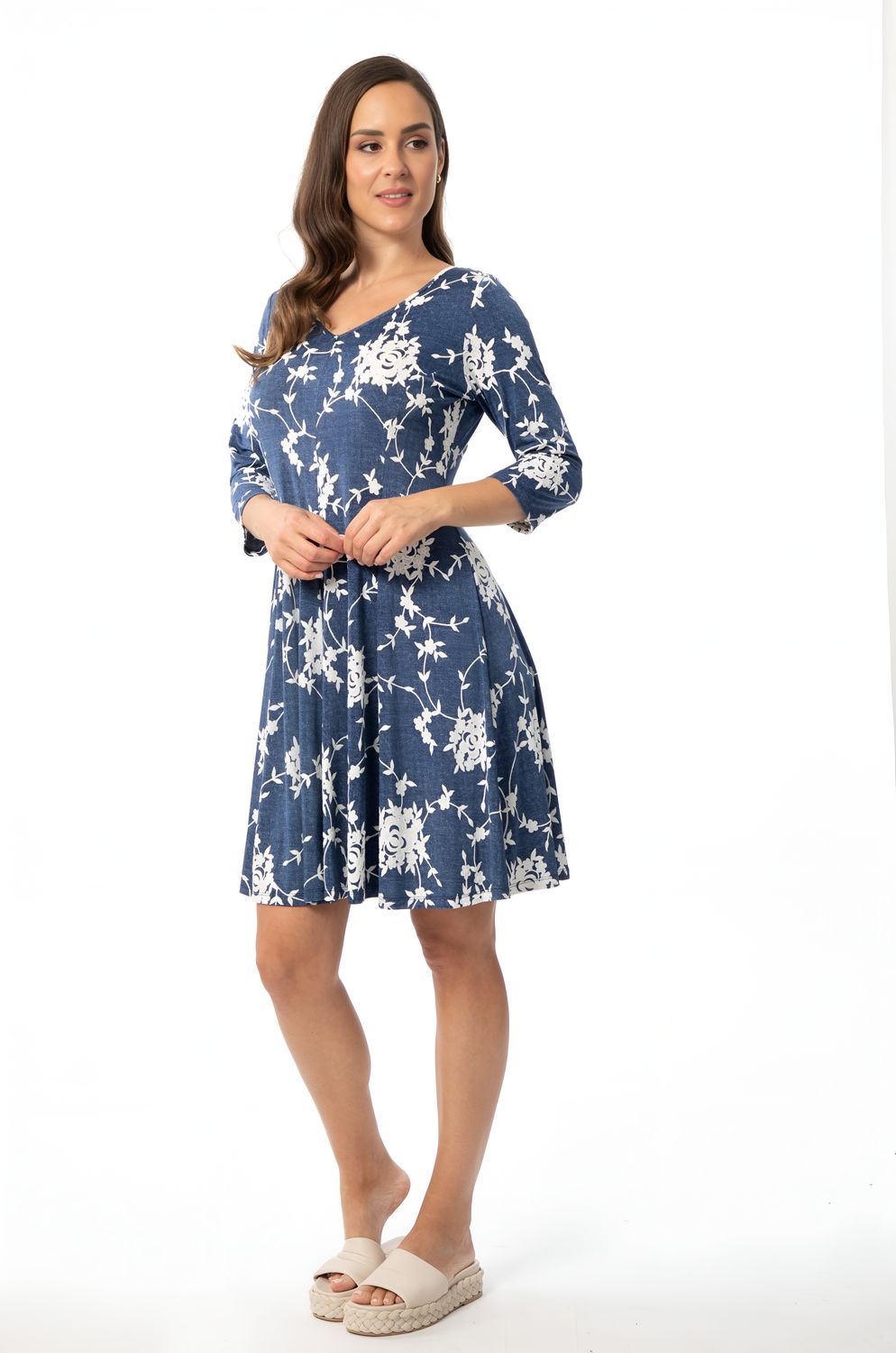 8883 Floral print 3/4 sleeve swing dress