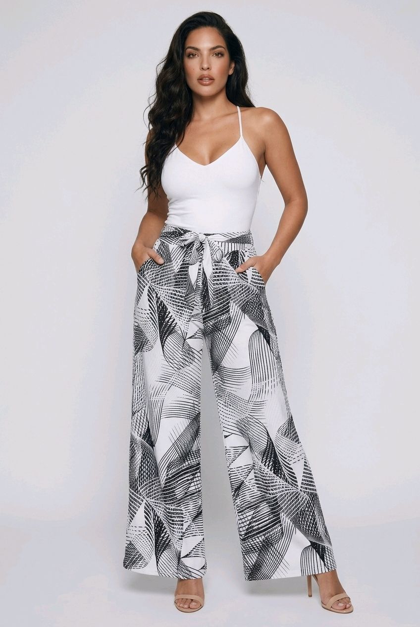 VC9250 Ladies wide leg printed pant w/belt and pockets