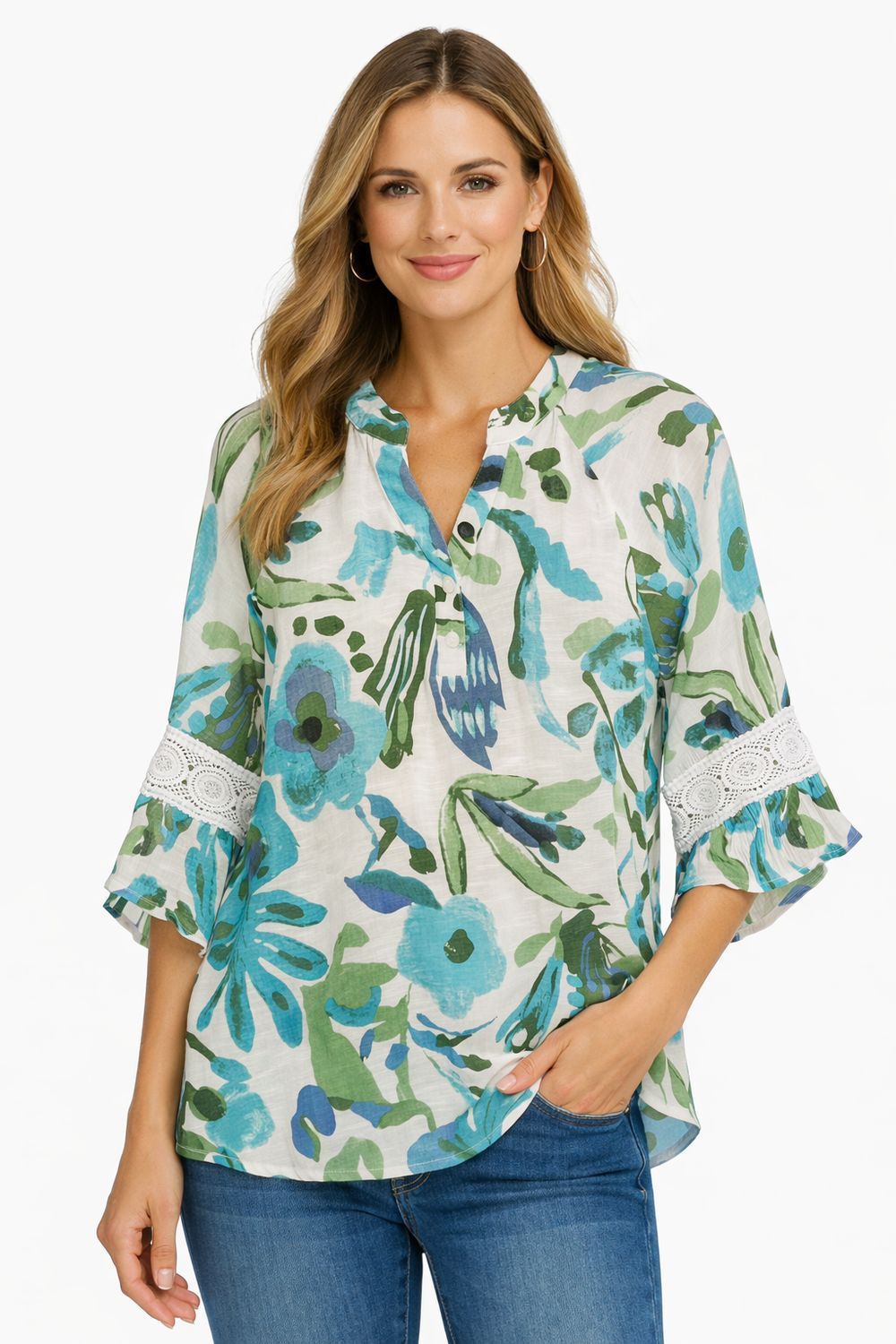 46916 Printed V neck blouse with 3/4 Sleeve