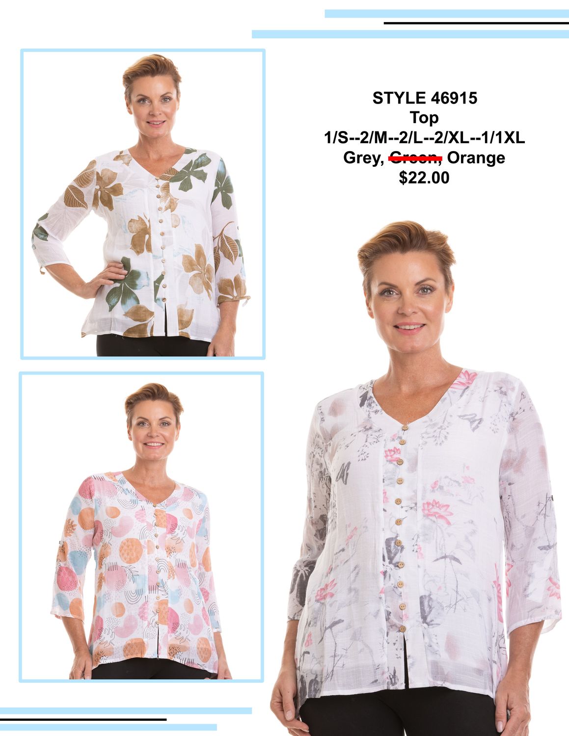 46915 Printed v neck 3/4 sleeve top with button front detail