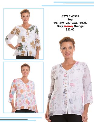 46915 Printed v neck 3/4 sleeve top with button front detail