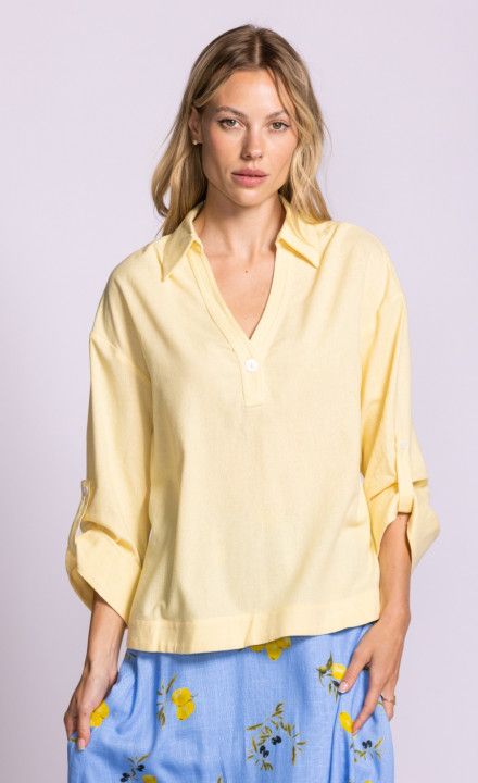 TO-6922228Y Collared adjustable sleeve V neck blouse